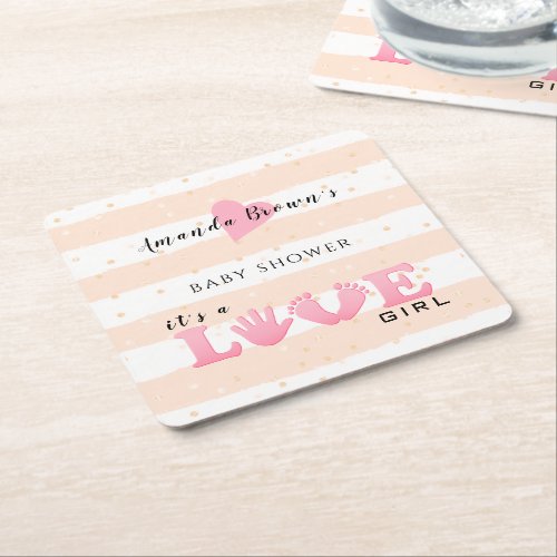 Baby Shower Love Baby Girl Square Paper Coaster