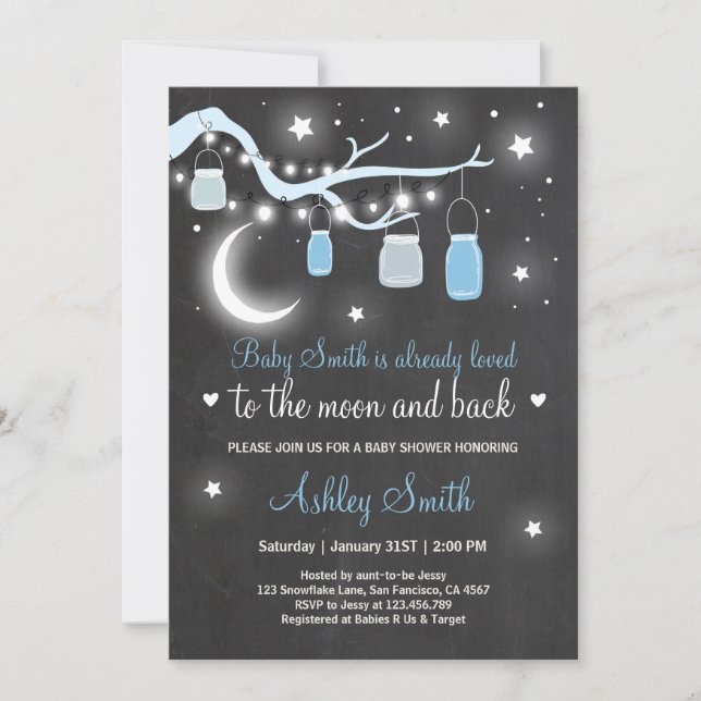 Baby Shower Love You to the Moon and Back Blue Boy Invitation (Front)