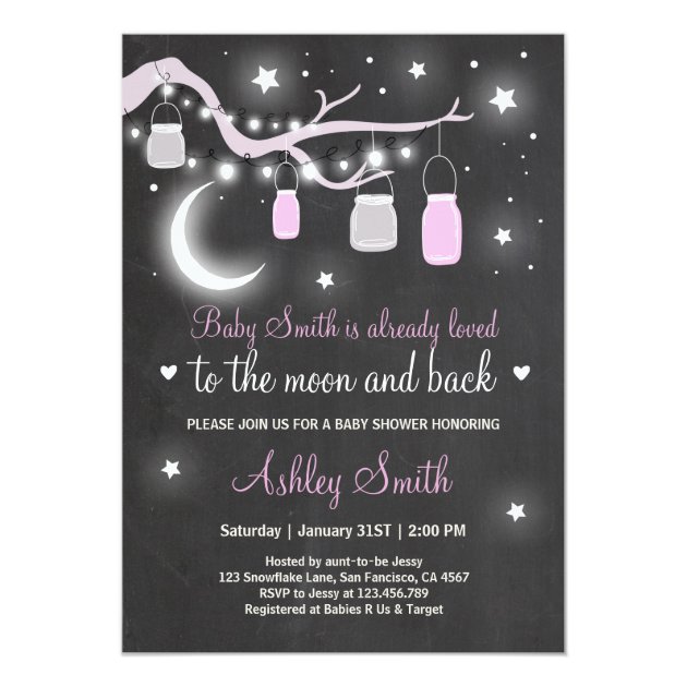 Baby Shower Love You To The Moon Shower Girl Pink Invitation