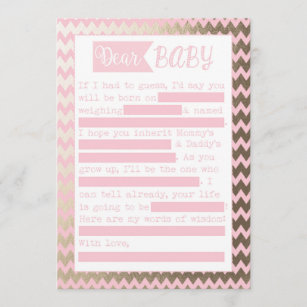 Baby Shower MadLibs Game, Pink and Gold Foil Look Invitation