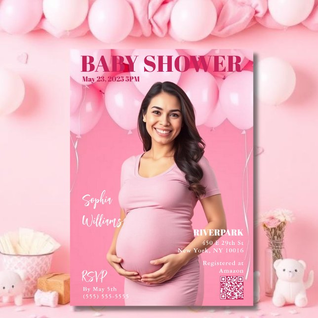 Baby Shower Magazine Cover Invitation (Baby Shower Magazine Cover Invitation Pink with balloons)