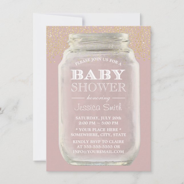 Baby Shower Mason Jar Gold Confetti Dusty Pink Invitation (Front)