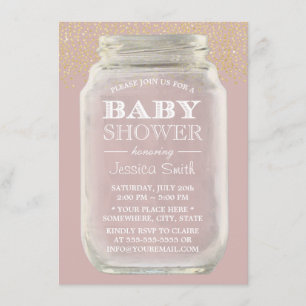 Baby Shower Mason Jar Gold Confetti Dusty Pink Invitation