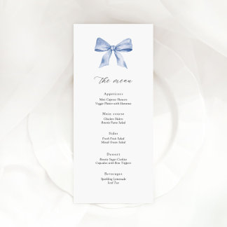 Baby shower menu card with dusty blue bow