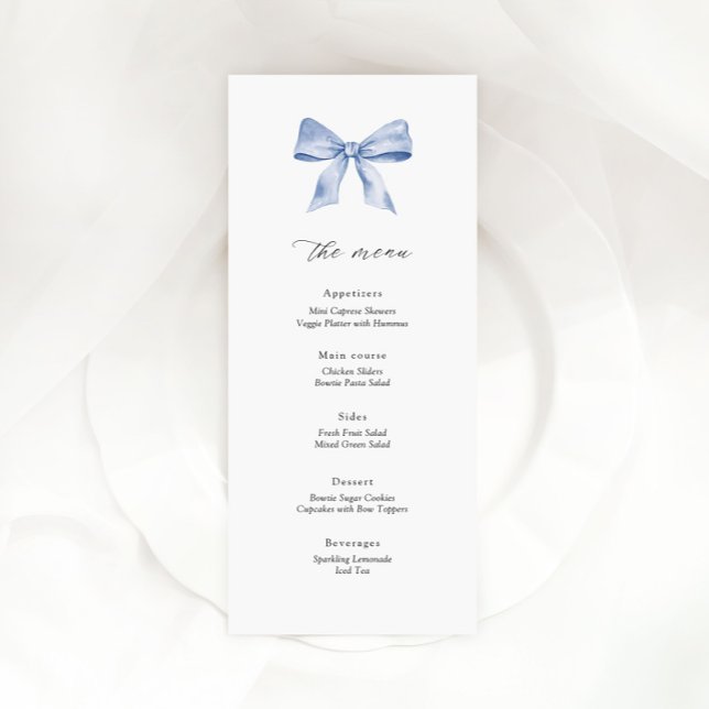 Baby shower menu card with dusty blue bow (Creator Uploaded)