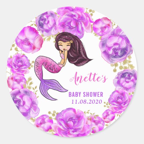 Baby Shower  Mermaid  Peony Pink Floral Wreath Classic Round Sticker