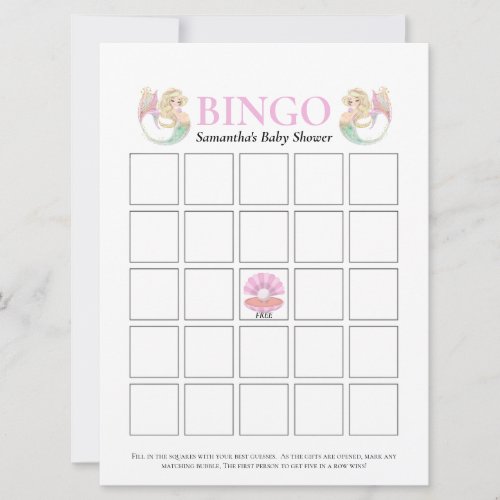 Baby Shower Mermaid Pink White Dots Bingo Game  Invitation