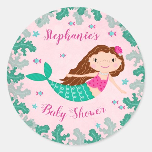 Baby Shower Mermaid Under The Sea Pink Classic Round Sticker