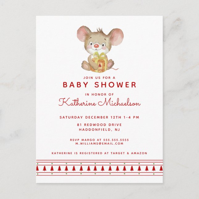 BABY SHOWER | Merry Christmas Mouse Invitation Postcard (Front)