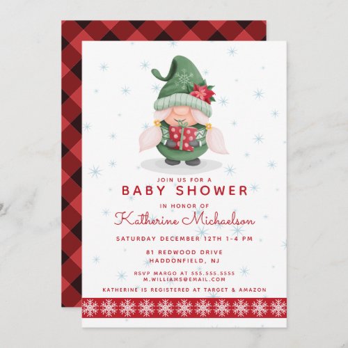 BABY SHOWER  Merry Christmas Plaid Gnome Invitation