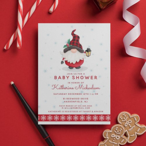 BABY SHOWER  Merry Christmas Plaid Gnome Invitation