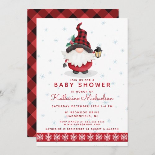 BABY SHOWER  Merry Christmas Plaid Gnome Invitation