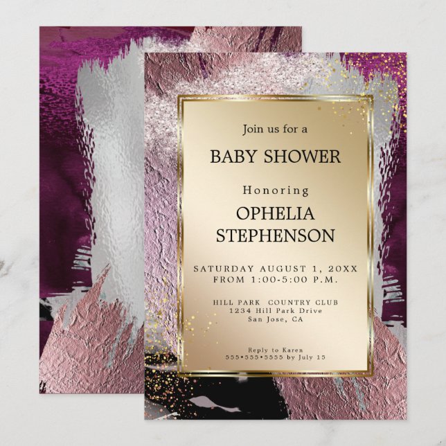 Baby Shower | Metallic Gold Cassis Plum Abstract Invitation (Front/Back)
