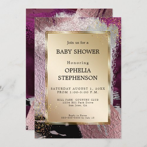 Baby Shower  Metallic Gold Cassis Plum Abstract Invitation