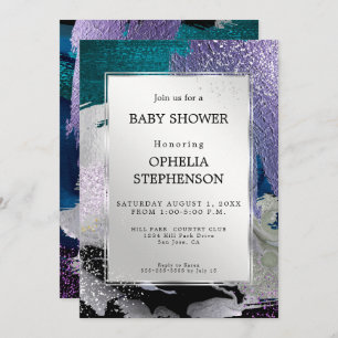 Baby Shower Metallic Silver Teal Purple Abstract Invitation