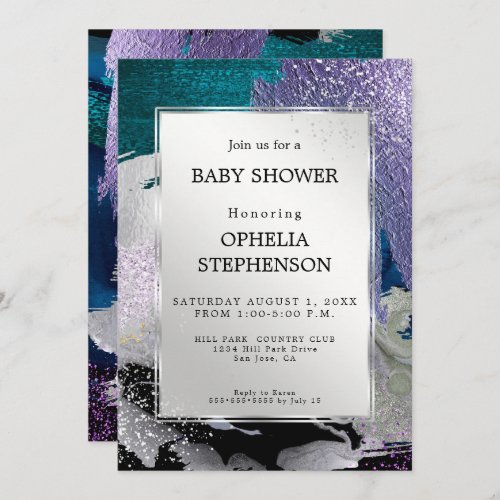 Baby Shower  Metallic Silver Teal Purple Abstract Invitation