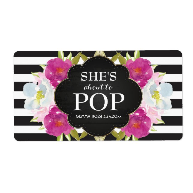 Baby Shower Mini Champagne Label Black Stripes (Front)