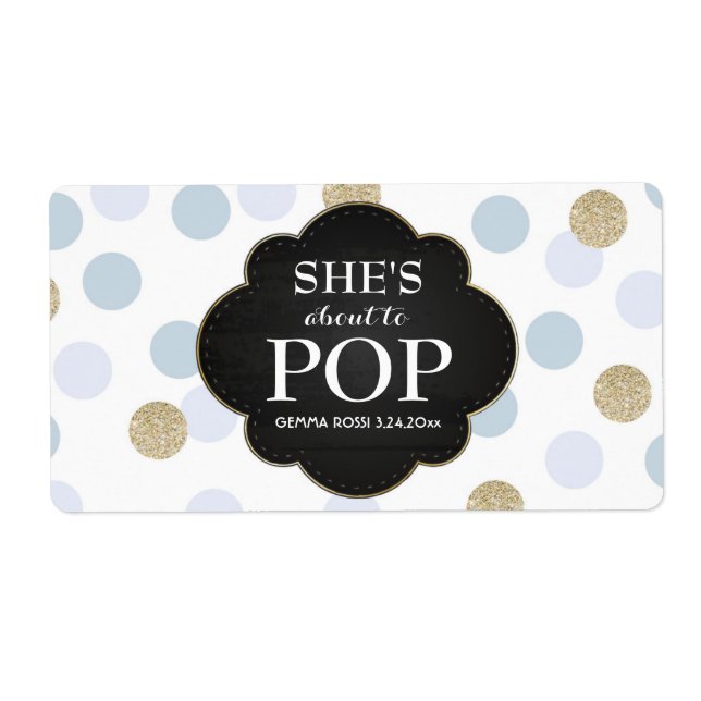 Baby Shower Mini Champagne Label Blue Polka Dots (Front)