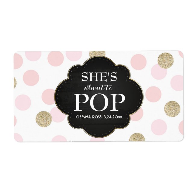 Baby Shower Mini Champagne Label Pink Polka Dots (Front)