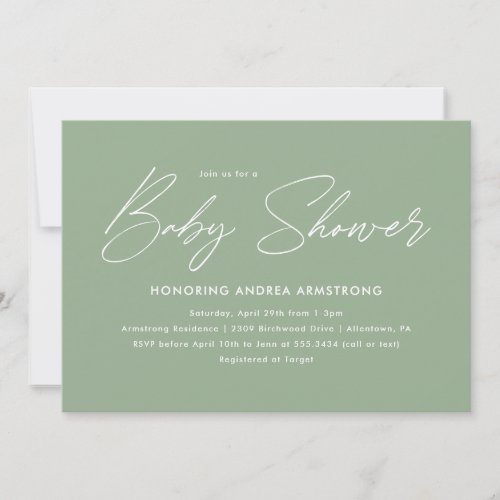 Baby Shower Minimalist Handwritten Green  Invitation