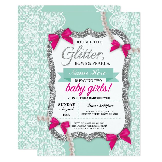Baby Shower Mint Glitter Bow Twins Girls Invite