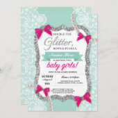 Baby Shower Mint Glitter Bow Twins Girls Invite (Front/Back)