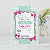Baby Shower Mint Glitter Bow Twins Girls Invite (Standing Front)