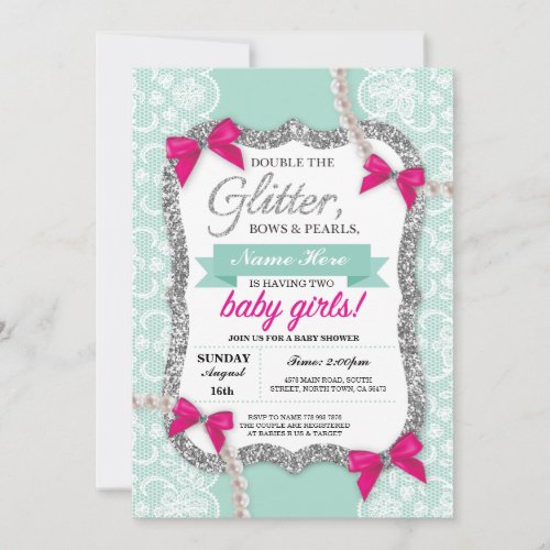 Baby Shower Mint Glitter Bow Twins Girls Invite