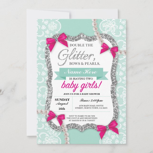 Baby Shower Mint Glitter Bow Twins Girls Invite (Front)