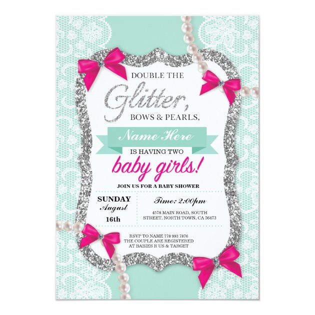 Baby Shower Mint Glitter Bow Twins Girls Invite