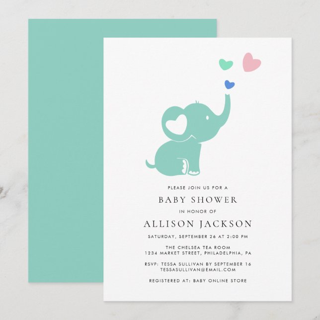 Baby Shower Mint Green Elephant Gender Neutral Invitation (Front/Back)