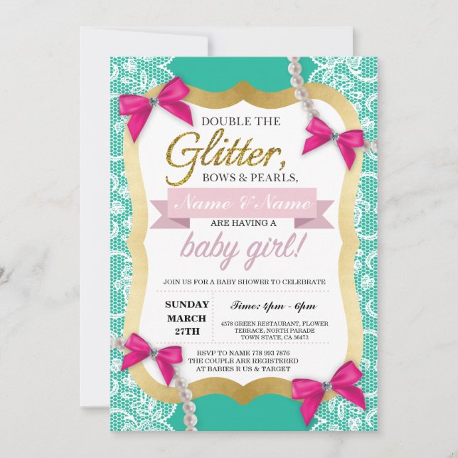 Baby Shower Mint Lace Gold Pearls Bows Girl Invite (Front)