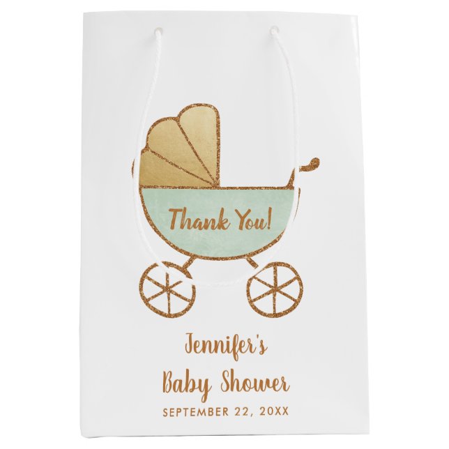 Baby Shower Mint Retro Carriage Thank You Cute Medium Gift Bag (Front)