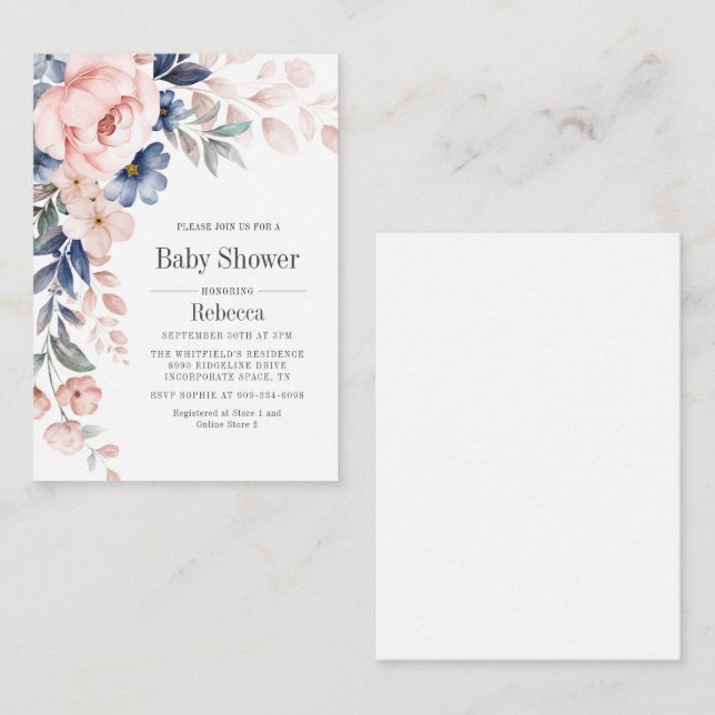 Baby Shower Modern Bloom Blue Pink Floral Note Card (Front/Back)