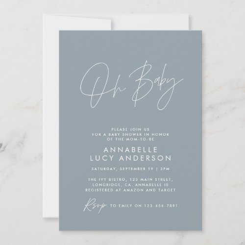 Baby shower modern dusty blue elegant photo invitation