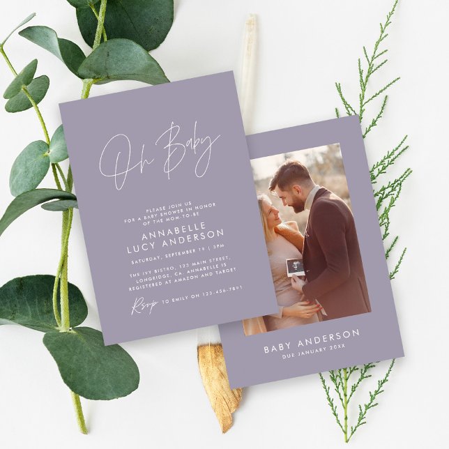 Baby shower modern elegant lilac purple photo invitation (Creator Uploaded)