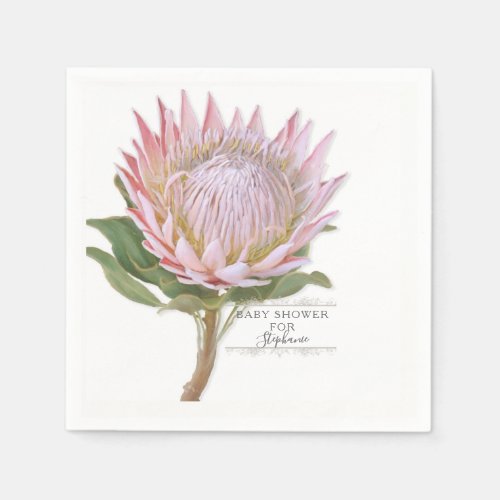 Baby Shower Modern Floral Pink Protea Flower Napkins