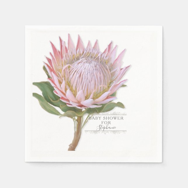 Baby Shower Modern Floral Pink Protea Flower Napkins (Front)