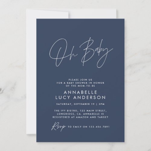 Baby shower modern navy blue elegant photo invitation