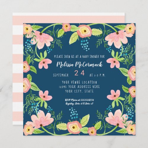 Baby Shower Modern Navy Pink Floral Watercolor Art Invitation