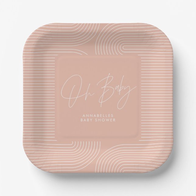 Baby shower modern pink peach elegant geometric paper plates (Front)