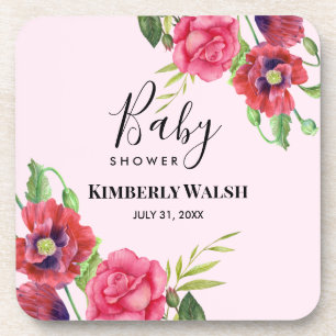 Baby Shower Modern Red Pink Flowers on Light Pink Beverage Coaster