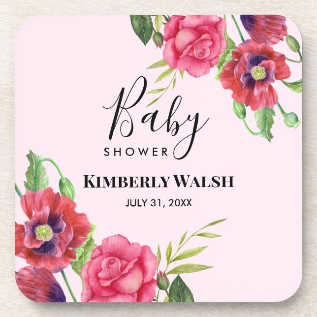 Baby Shower Modern Red Pink Flowers on Light Pink Beverage Coaster (Front)
