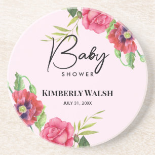 Baby Shower Modern Red Pink Flowers on Light Pink Coaster