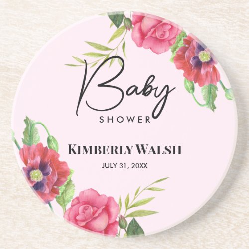 Baby Shower Modern Red Pink Flowers on Light Pink  Coaster