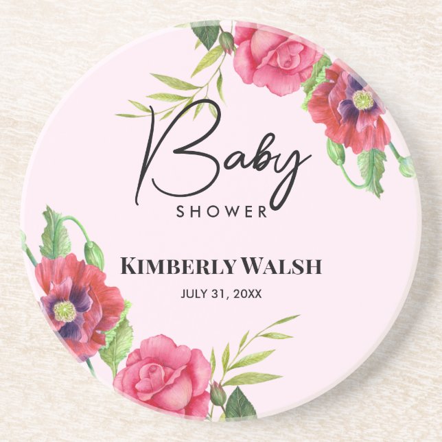 Baby Shower Modern Red Pink Flowers on Light Pink  Coaster (Front)