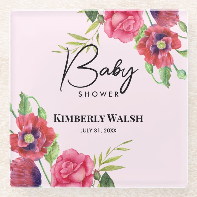 Baby Shower Modern Red Pink Flowers on Light Pink  Glass Coaster (Front)