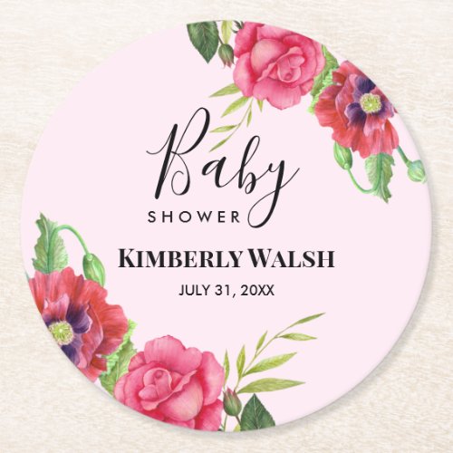 Baby Shower Modern Red Pink Flowers on Light Pink Round Paper Coaster