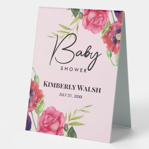 Baby Shower Modern Red Pink Flowers on Light Pink  Table Tent Sign