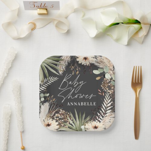 Baby shower modern rustic pampas grass foliage pap paper plates